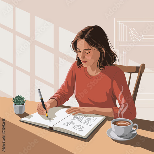 Woman sketching in a notebook with coffee and a plant drawing journal