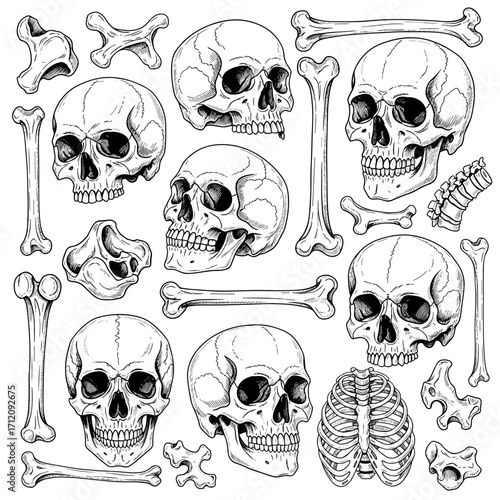 Ink engraving sketch collection of skulls with bones, black and white vector illustration for Halloween decor