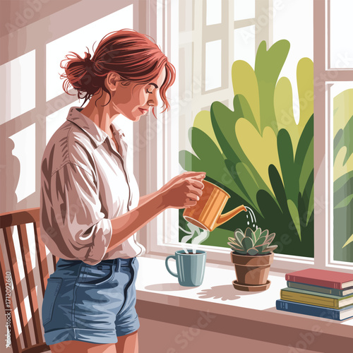 Woman watering a succulent plant on a windowsill with books vector illustration