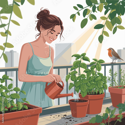 Woman watering potted basil plants on a balcony with a robin nearby gardening watering can