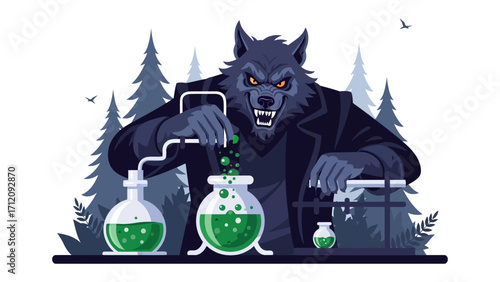 Mysterious Experiment: A chilling illustration of a menacing werewolf, clad in a lab coat, engaged in a scientific experiment in the middle of a spooky forest.
