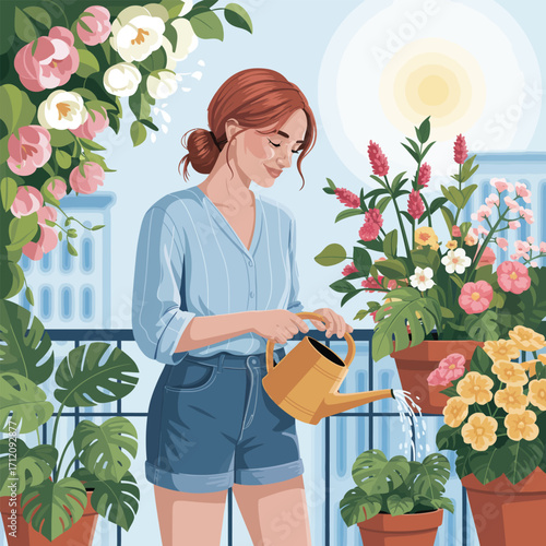 Woman watering potted flowers on a balcony with city buildings and sun in background