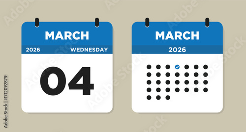 March 4 2026 Wednesday Calendar Vector Illustration. 4 March calendar page. Day calendar with date March 4. Week Starts on Sunday. Checklist day calendar. Modern Calendar template icon