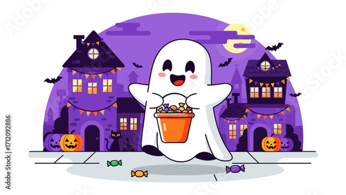 Halloween Night's Apparition: A cheerful spectral figure drifts joyfully through a decorated town, lantern at hand, amidst a vibrant, nocturnal Halloween atmosphere.