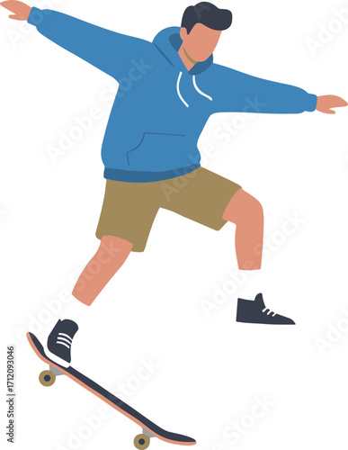 Flat Style Skateboarder with Hoodie Performing a Trick in Midair Illustration