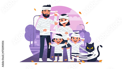 Spooky Halloween Family Fun: a family dressed up as mummies with a black cat dressed up with bandage, embodying spooky fun and festive spirit of Halloween. 