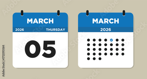 March 5 2026 Thursday Calendar Vector Illustration. 5 March calendar page. Day calendar with date March 5. Week Starts on Sunday. Checklist day calendar. Modern Calendar template icon