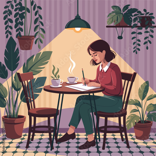 Woman writing at a table in a room filled with plants and a lamp notebook pencil