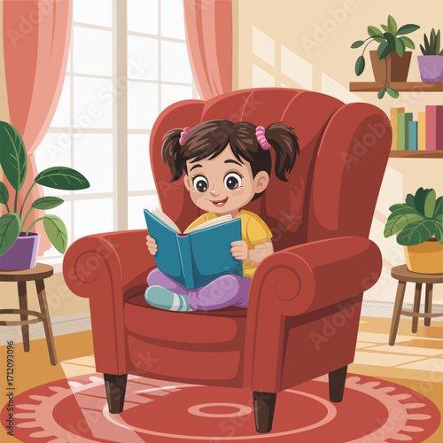 Young girl with pigtails reading a book in a red armchair child