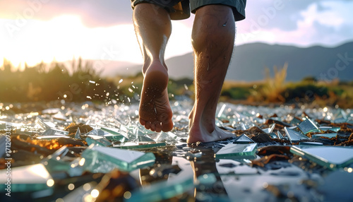 Barefoot Man Walking on Shattered Glass
