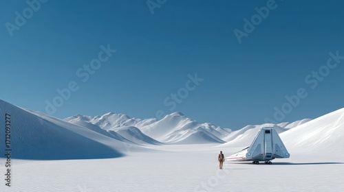 Solitary Exploration: Astronaut and Spacecraft on a Frozen Exoplanetary Landscape