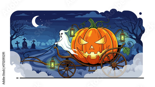 A Spooky Pumpkin Carriage Ride: A spectral driver guides an illuminated pumpkin carriage through a moonlit night, casting an eerie spell on a haunted landscape, ready to delight and chill.
