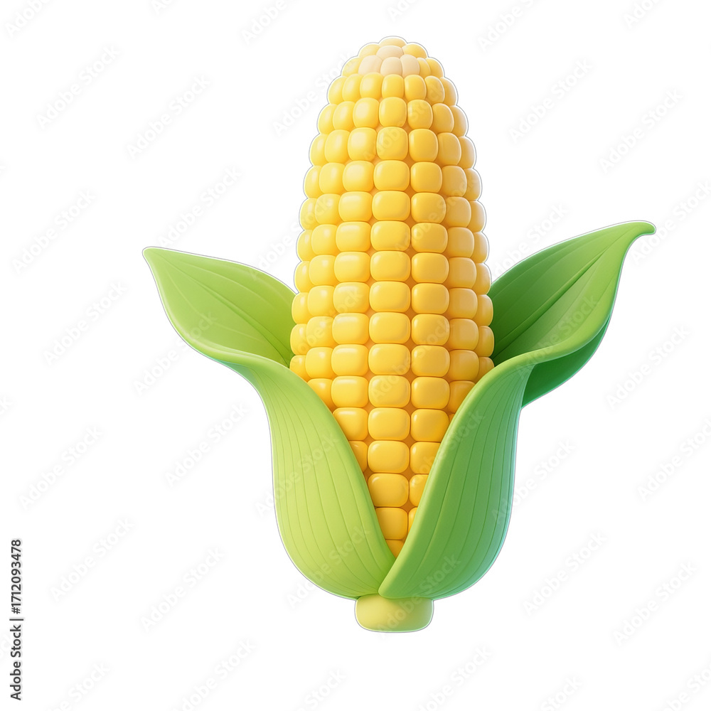 Obraz premium Yellow Corn Cob with Green Leaves, Glossy 3D Realism on Transparent Background, Graphic Design Element