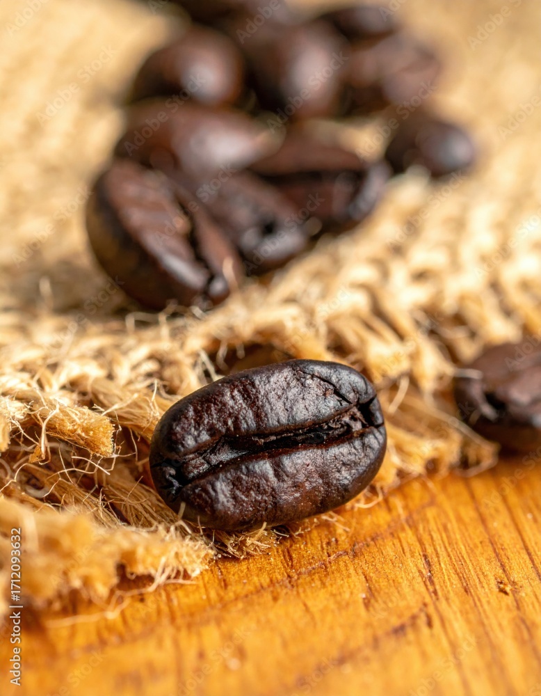 Obraz premium A detailed macro shot of a single dark roasted coffee bean on a rustic burlap surface, evoking the rich aroma and flavor of fresh coffee