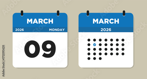 March 9 2026 Monday Calendar Vector Illustration. 9 March calendar page. Day calendar with date March 9. Week Starts on Sunday. Checklist day calendar. Modern Calendar template icon