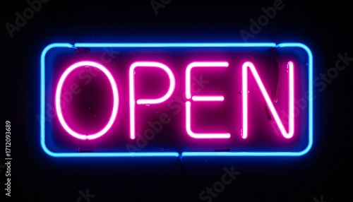Close-up of a brightly lit neon sign with the word Open illuminated in glowing magenta and blue tubes against a solid black background