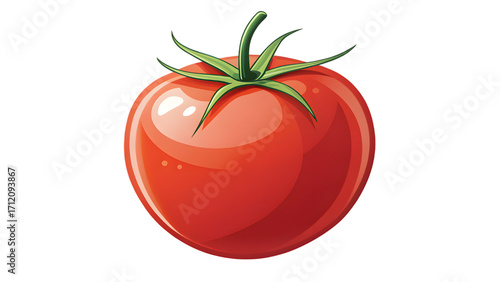 a cartoon of juicy red tomato with green stem isolated on a white background