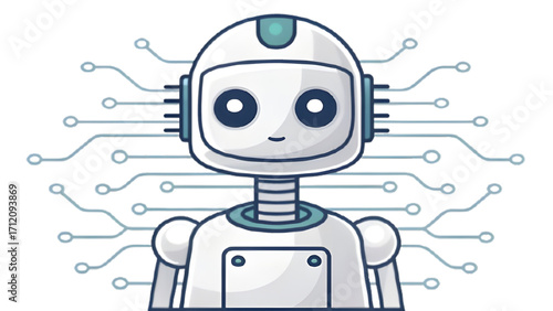 A cute, futuristic android cyborg, a cartoon character, illustrating future communication technology