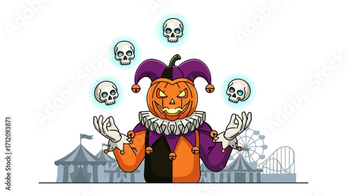 Sinister Carnival: A haunting jack-o'-lantern jester juggles ghostly skulls in a carnival scene, inviting viewers into a realm of eerie thrills and dark delight.