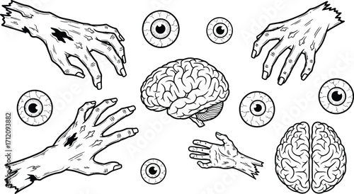 Creepy zombie hands and eyeballs reach for brains in a spooky, graphic illustration
