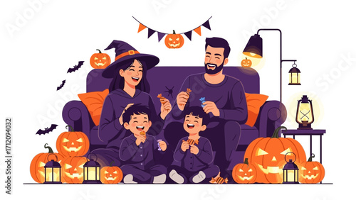 Halloween family Celebration: A family adorned in festive attire, gathered amidst a vibrant tableau of Halloween decorations. The scene is filled with warmth and laughter.
