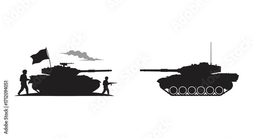 Silhouette of military tanks and soldiers walking with a flag