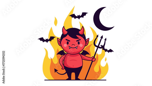 Little Devil in a Fiery Inferno: A charming cartoon devil, complete with horns and a trident, stands boldly amidst a backdrop of dancing flames, creating a playful, hellish scene.