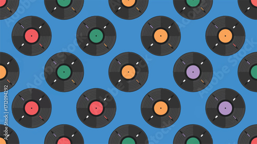 Repeating Pattern of Vintage Vinyl Records with Colorful Labels on Blue Background music retro