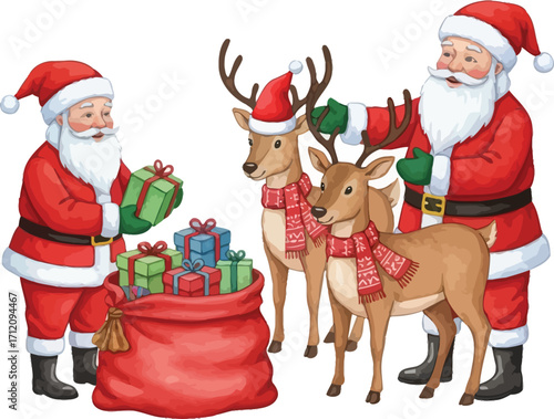 Two cheerful santa clauses with a sack of presents and two reindeer wearing festive scarves and hats