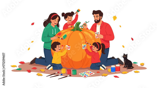 Family Pumpkin Painting: A heartwarming illustration of a family engaged in the joyful tradition of painting a pumpkin together. Embracing togetherness, creativity, and the spirit of autumn.