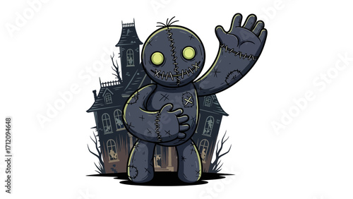 Halloween Creature and Spooky House: A charming yet eerie, dark, voodoo doll stands before a haunted house, greeting viewers in a captivating display of Halloween festivities and dark ambiance.