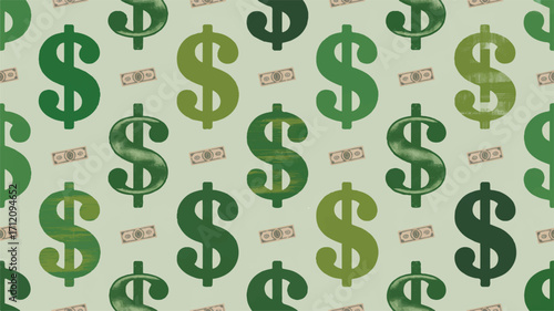 Textured Pattern of Green Dollar Signs and US Dollar Bills on Light Green Background money finance