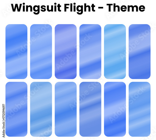 An aerodynamic and surreal set of gradients. A collection of cool, soaring blues and ethereal colors that capture the sensation of wingsuit flight. A futuristic pack for a high-speed, graceful, and ad