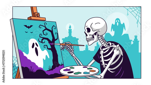 Spooky Artistry: A skeletal artist, amidst a scene of Halloween, meticulously paints a spectral tableau, capturing the spirit of the season with a touch of artistic flair and eerie ambiance.