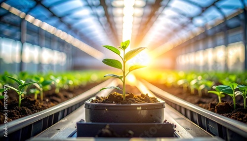 Sunlit Automation: Young Plant Advancing on Conveyor in High-Tech Greenhouse