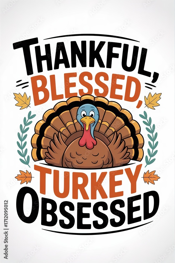 Fototapeta premium Cartoon Turkey with Autumn Leaves and 