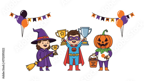 Happy Halloween Celebrations: Adorable children, each in vibrant costumes, holding trophies. They radiate joy, embodying the playful spirit of Halloween festivities with a delightful touch of fantasy.