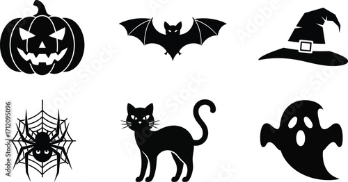 Spooky Halloween icons including pumpkin, bat, witch hat, spider, black cat, and ghost on white background