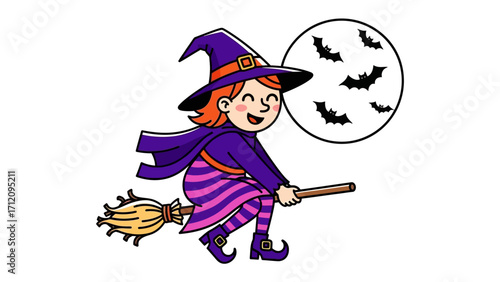 Whimsical Witch's Flight: An illustrated witch, in a pointed hat, joyfully rides a broom against the backdrop of a full moon, surrounded by bats. An enchanting cartoon capturing the magic.
