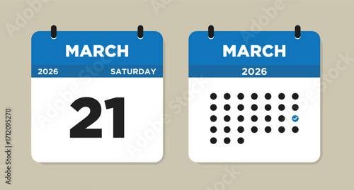 March 21 2026 Saturday Calendar Vector Illustration. 21 March calendar page. Day calendar with date March 21. Week Starts on Sunday. Checklist day calendar. Modern Calendar template icon