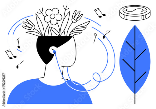 Person listening to music via headphones, head filled with plants and flowers, surrounded by music notes, simple leaf and coin. Ideal for creativity, nature, personal growth, relaxation, mindfulness
