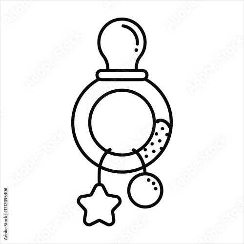 Black outline baby pacifier rattle with star and ball charms baby toy