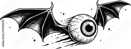 Mysterious flying eyeball with bat wings in a dark, starry night sky