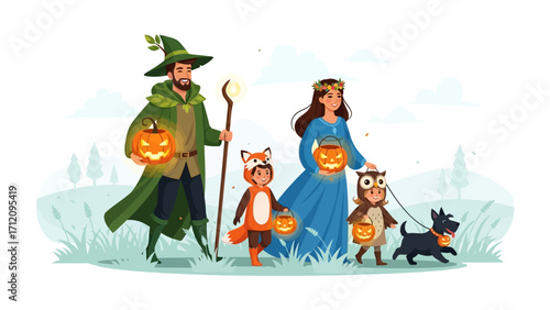 Enchanting Halloween Family: A whimsical family, dressed in charming costumes, strolls through an autumnal landscape, each carrying a glowing pumpkin lantern.