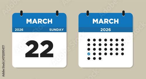 March 22 2026 Sunday Calendar Vector Illustration. 22 March calendar page. Day calendar with date March 22. Week Starts on Sunday. Checklist day calendar. Modern Calendar template icon