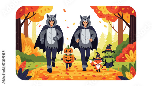 Spooky Forest Parade: A lively Halloween parade unfolds through an autumnal forest, showcasing enchanting costumes and festive atmosphere. 