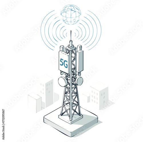 5G communication tower for wireless hi-speed internet. Mobile network technology in city life concept. LTE aerial connection with satellite net. Mast of station of the broadcasting cellular	