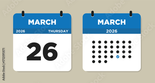March 26 2026 Thursday Calendar Vector Illustration. 26 March calendar page. Day calendar with date March 26. Week Starts on Sunday. Checklist day calendar. Modern Calendar template icon