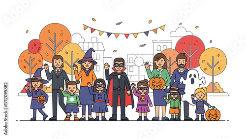 Halloween Gathering in Costume: A whimsical illustration of a diverse group of people dressed in costumes gather on a festive day for Halloween, embodying the spirit of joy and celebration.