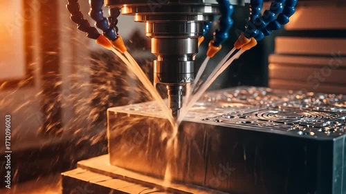High-precision CNC milling machine cutting metal block with coolant spray and sparks.